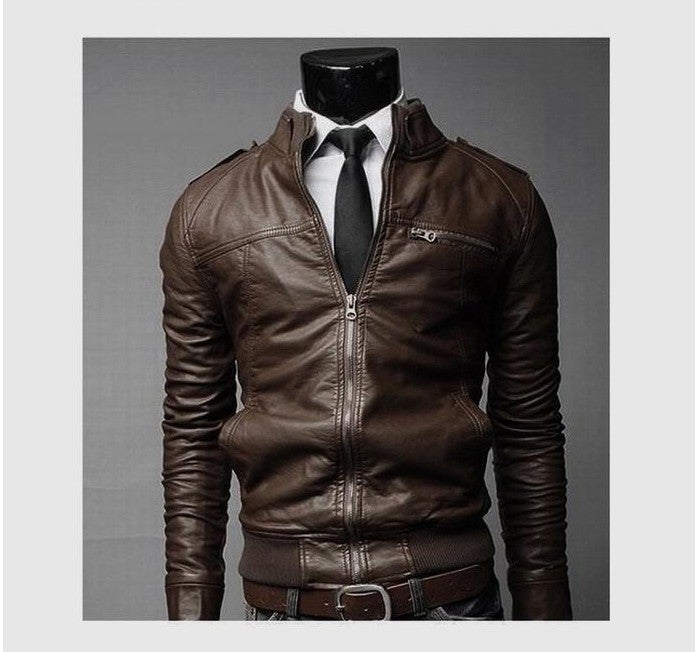 2021 Men'S Slim Stand Collar Leather Jacket Business Motorcycle Trendy Leather Jacket Men'S Clothing - Image 2
