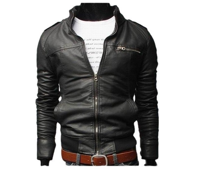 2021 Men'S Slim Stand Collar Leather Jacket Business Motorcycle Trendy Leather Jacket Men'S Clothing - Image 4