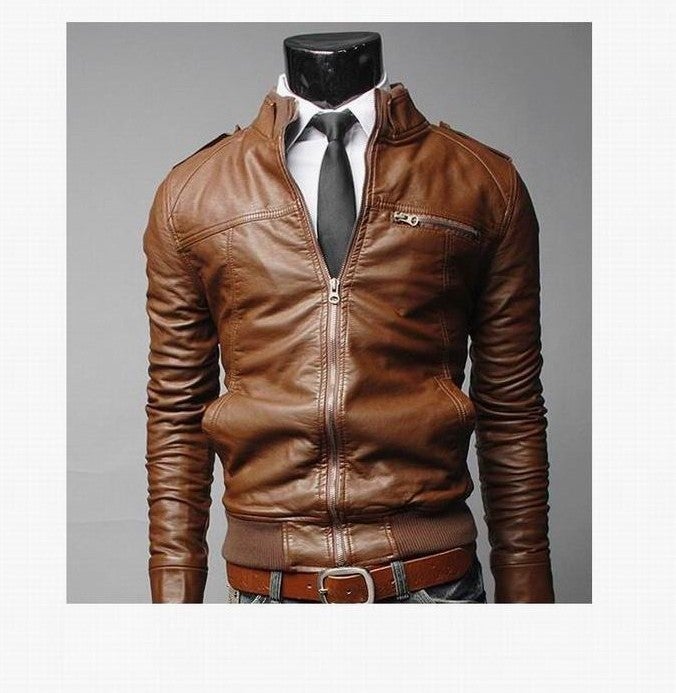 2021 Men'S Slim Stand Collar Leather Jacket Business Motorcycle Trendy Leather Jacket Men'S Clothing - Image 1