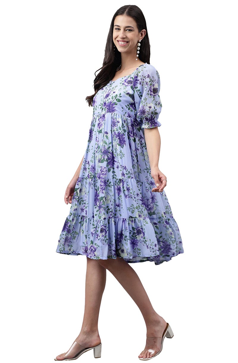Janasya Women's Lavender Georgette Floral Printed Tiered Dress(JNE4176-DR-L) - Image 4
