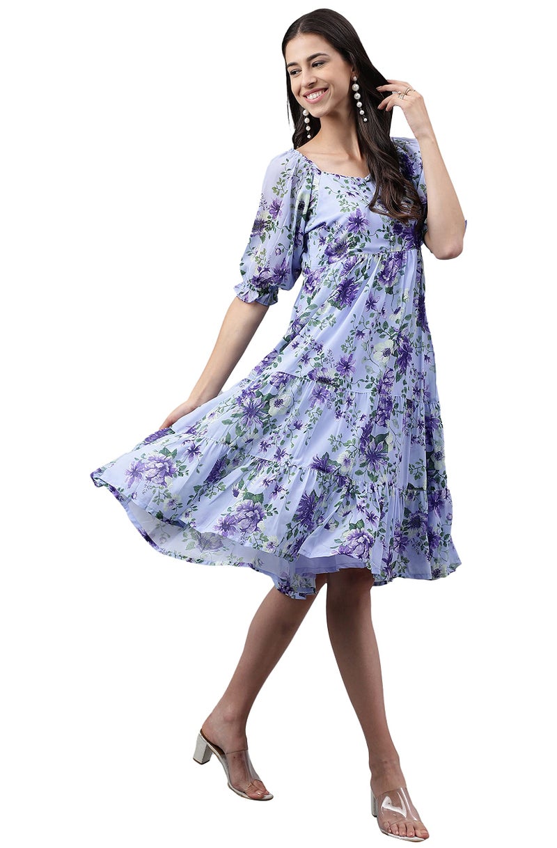 Janasya Women's Lavender Georgette Floral Printed Tiered Dress(JNE4176-DR-L) - Image 5