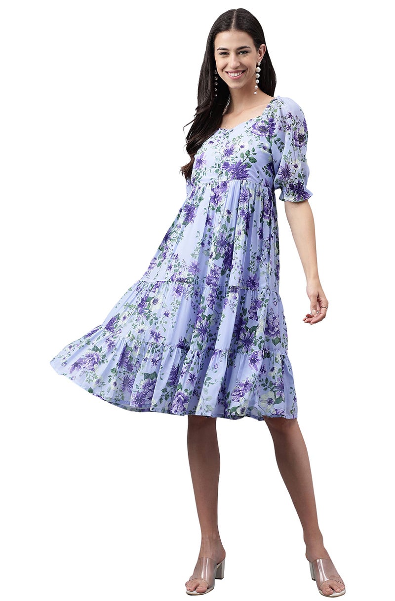 Janasya Women's Lavender Georgette Floral Printed Tiered Dress(JNE4176-DR-L) - Image 1
