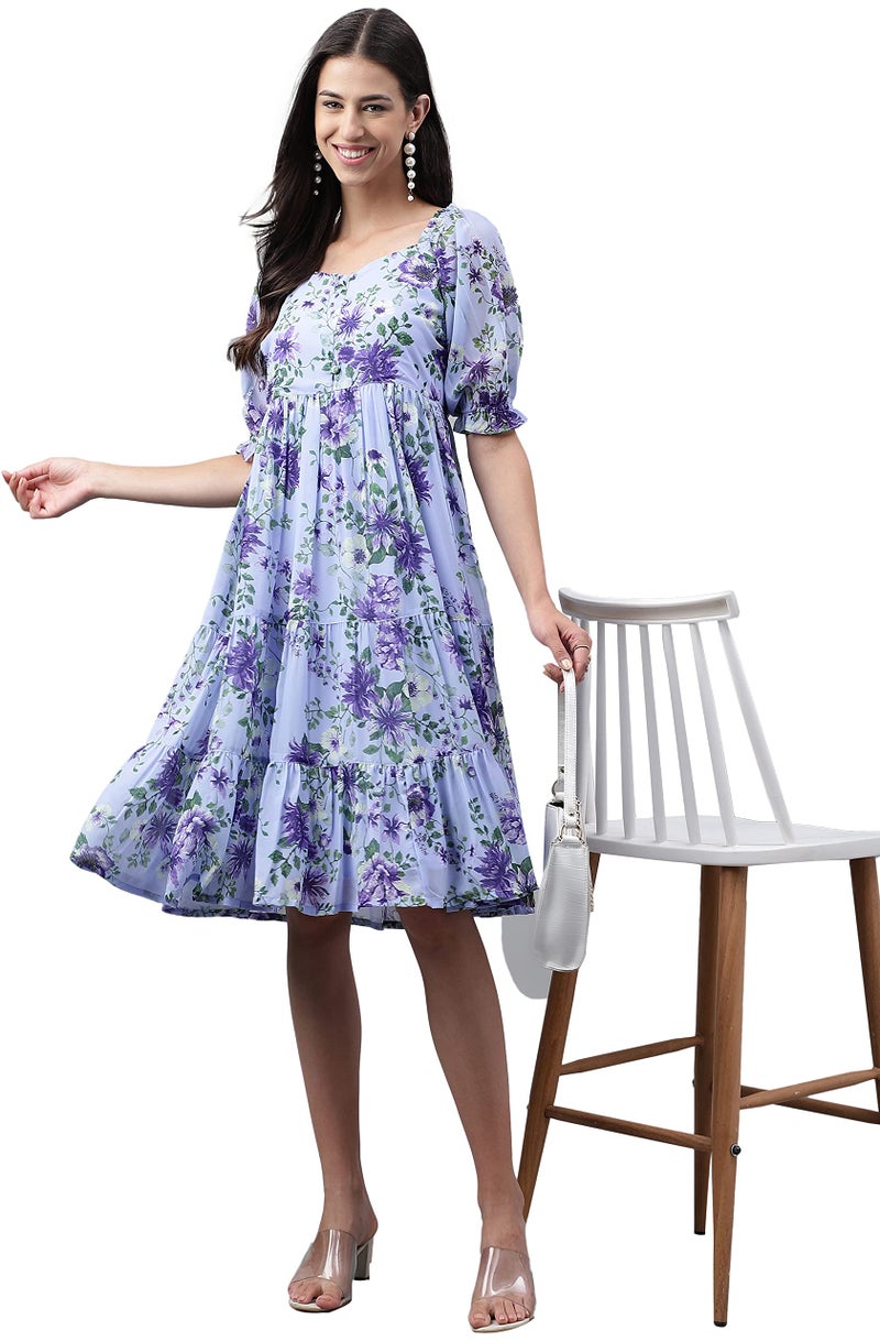Janasya Women's Lavender Georgette Floral Printed Tiered Dress(JNE4176-DR-L) - Image 3
