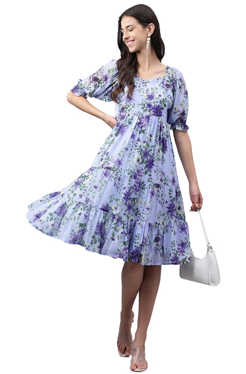 Janasya Women's Lavender Georgette Floral Printed Tiered Dress(JNE4176-DR-L) - Image 2
