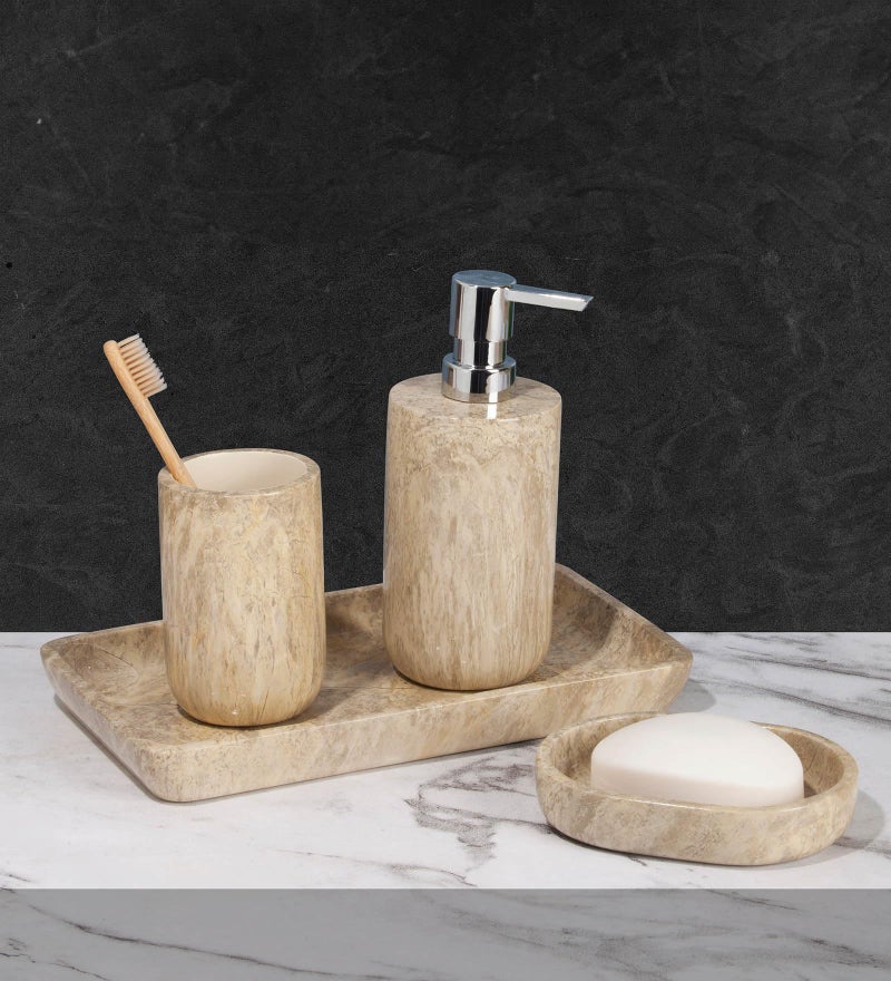 OBSESSIONS Set of 4 Pc Polyresin Bathroom Set, Brown - Image 1