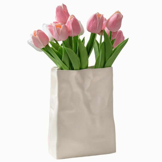 PAPER BAG VASE CRINKLE WIDE CERAMIC FLOWER VASE CREAM WHITE BOHO WABISABI VASES CUTE HOME OFFICE LIVING ROOM DECOR AESTHETIC UNIQUE BOOKSHELF DECORATIVE BOUQUET GIFTS FOR WOMEN GIRL 8 INCH