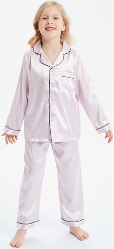 OEIU Kid Silky Satin Pajamas Set for Girls Boys pj Set Sleepwear Button-up Lounge Sets Nightwear Light Purple 140 - Image 4