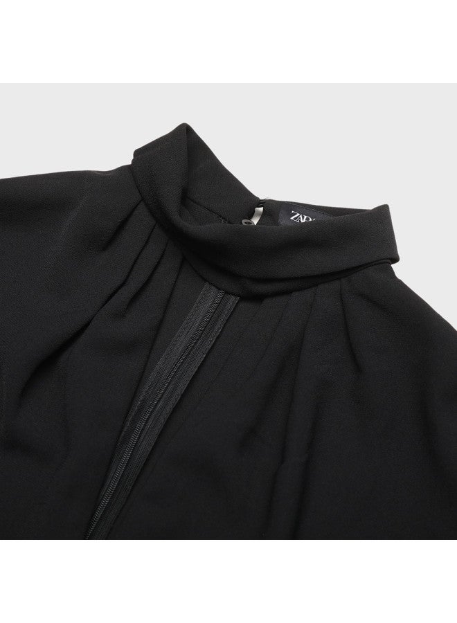 Zara urban Belle Solid Color Hollowed V-neck Design Stand-up Collar Batwing Sleeve Short Dress - Image 4