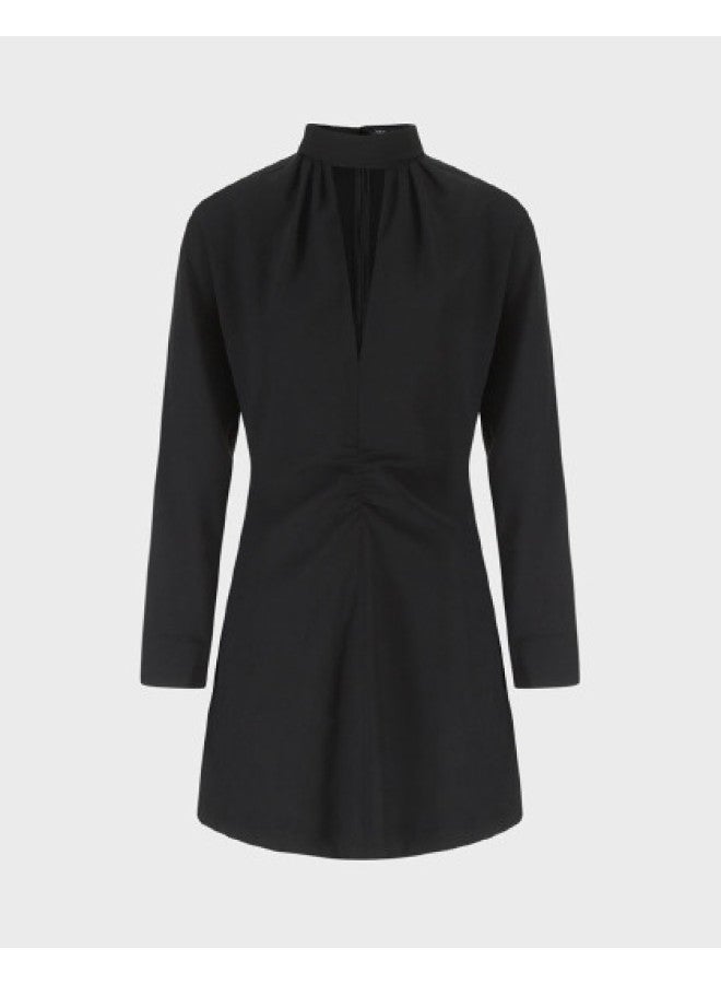 Zara urban Belle Solid Color Hollowed V-neck Design Stand-up Collar Batwing Sleeve Short Dress - Image 1