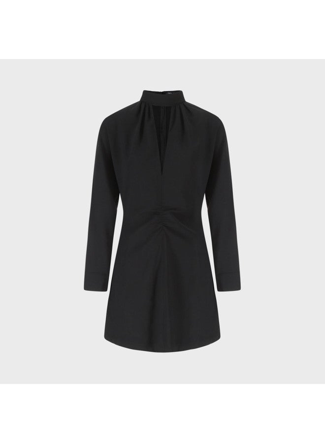 Zara urban Belle Solid Color Hollowed V-neck Design Stand-up Collar Batwing Sleeve Short Dress - Image 2