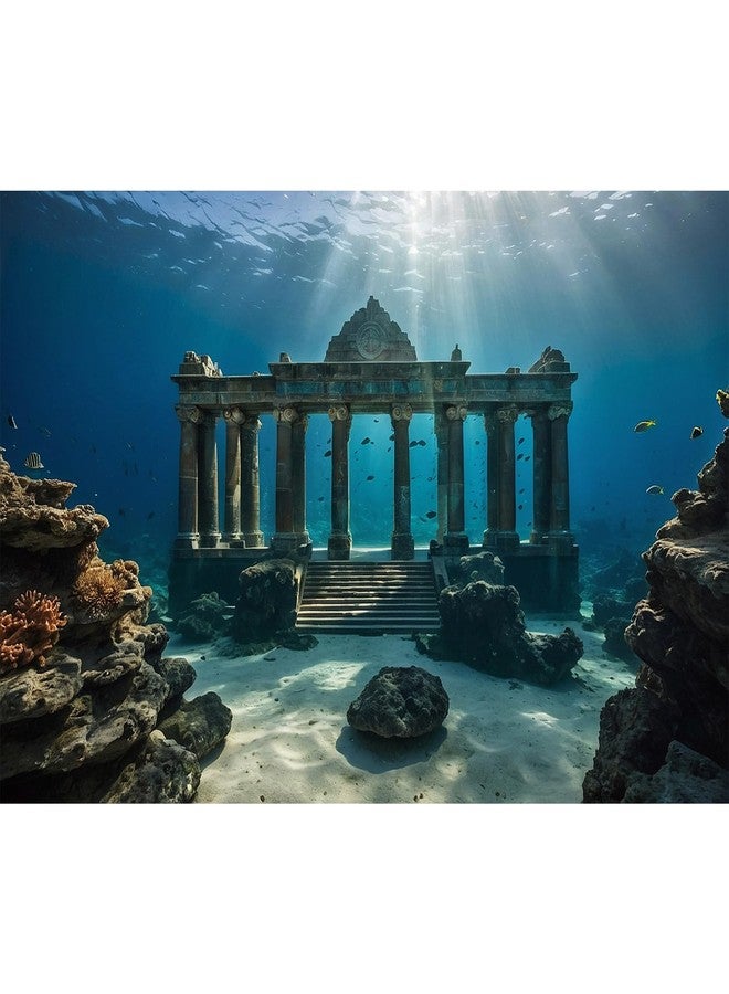 CaterRina Under The Sea Scene Aquarium Background Tranquil Underwater Ancient Temple Fish Tank Background Deep Blue Sea Sunray Terrarium Backgrounds Blue Ocean Sunken Temple Reptile Tank Backgrounds 48x24in - Image 1