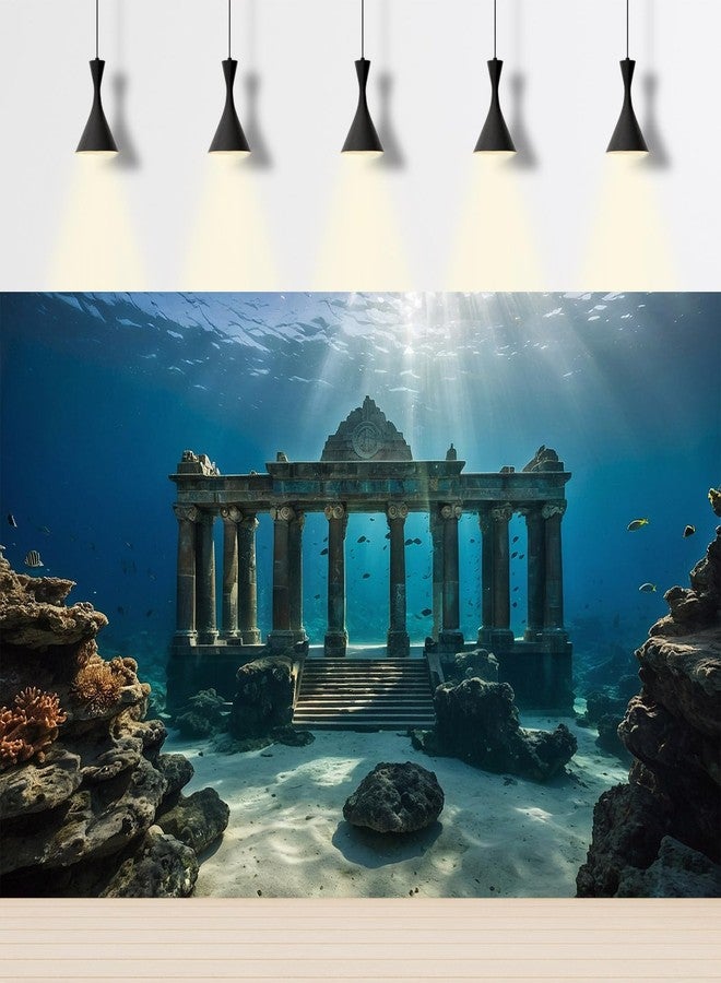 CaterRina Under The Sea Scene Aquarium Background Tranquil Underwater Ancient Temple Fish Tank Background Deep Blue Sea Sunray Terrarium Backgrounds Blue Ocean Sunken Temple Reptile Tank Backgrounds 48x24in - Image 2