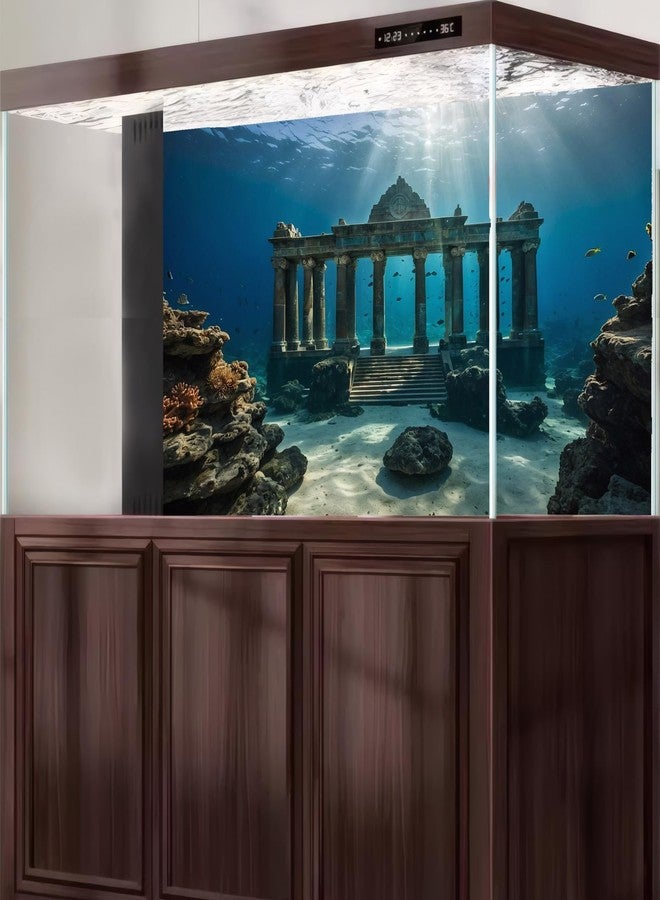 CaterRina Under The Sea Scene Aquarium Background Tranquil Underwater Ancient Temple Fish Tank Background Deep Blue Sea Sunray Terrarium Backgrounds Blue Ocean Sunken Temple Reptile Tank Backgrounds 48x24in - Image 5