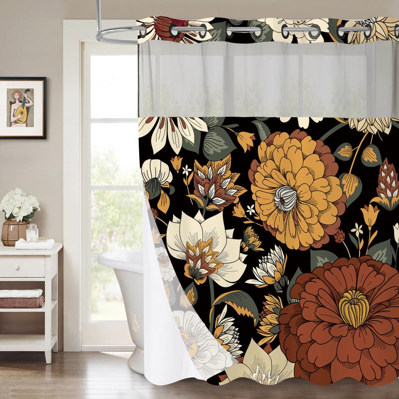 MitoVilla No Hooks Needed Boho Floral Shower Curtain Set with Snap-in Liner  Modern Abstract Heavy Duty Fabric Cloth Shower Curtain for Neutral Luxury Mid-Century Bathroom Decor  72 x 74 - Image 1