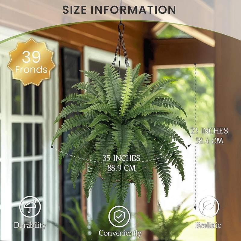 FOREST PRINCE 35" Fake Ferns, 4 Large Artificial Bonston Ferns Bushes Plants with 39 Fronds for Outdoors Garden Patio Porch Entrance Low Maintain Home Decor - Image 2