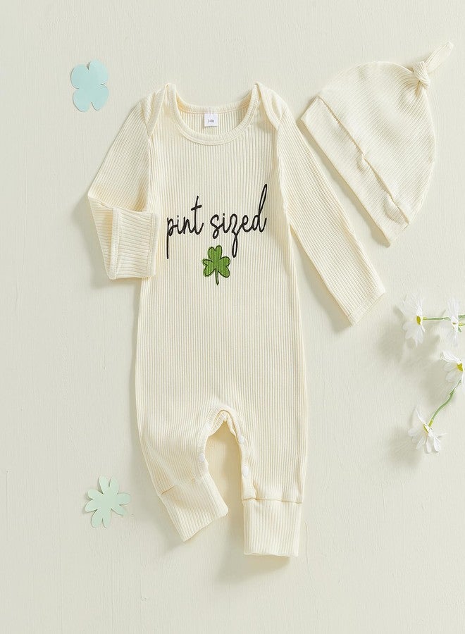 Lenjindjer Baby Boy Girl St Patricks Day Outfits Ribbed Shamrock Print Long Sleeve Jumpsuit Hat Newborn Coming Home Outfits (Beige, 0-3 Months) - Image 3