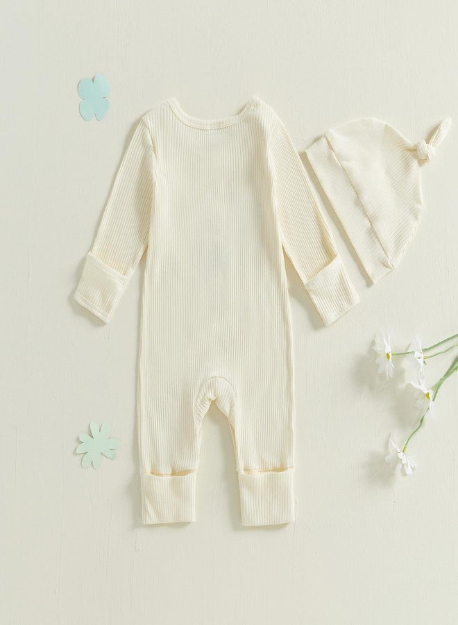 Lenjindjer Baby Boy Girl St Patricks Day Outfits Ribbed Shamrock Print Long Sleeve Jumpsuit Hat Newborn Coming Home Outfits (Beige, 0-3 Months) - Image 4