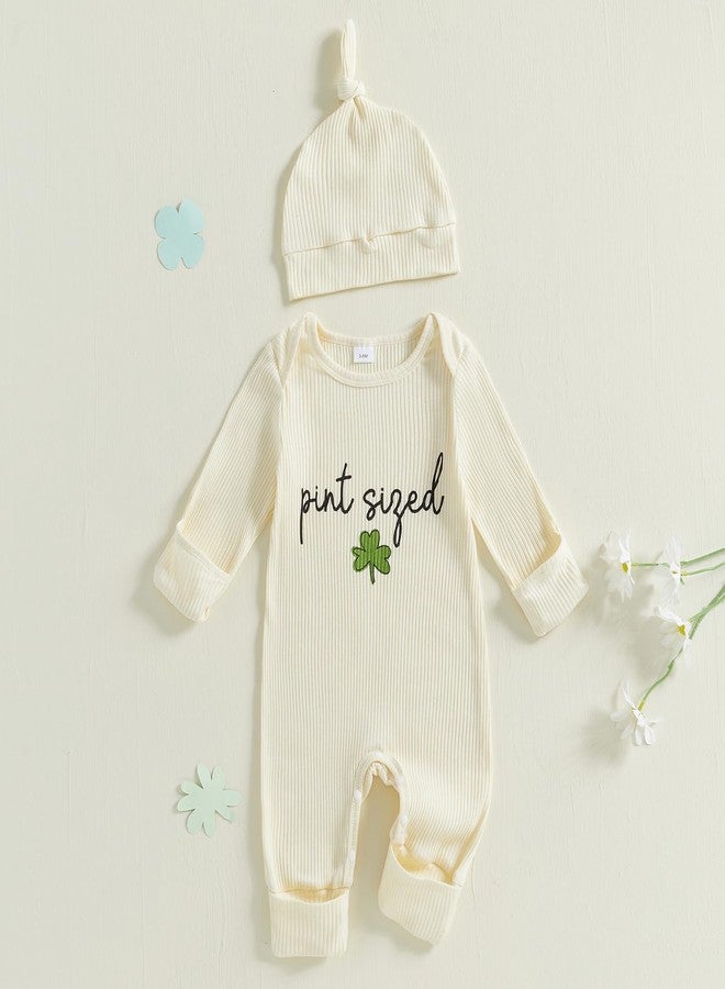 Lenjindjer Baby Boy Girl St Patricks Day Outfits Ribbed Shamrock Print Long Sleeve Jumpsuit Hat Newborn Coming Home Outfits (Beige, 0-3 Months) - Image 2