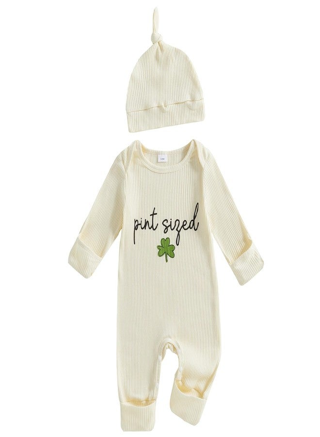 Lenjindjer Baby Boy Girl St Patricks Day Outfits Ribbed Shamrock Print Long Sleeve Jumpsuit Hat Newborn Coming Home Outfits (Beige, 0-3 Months) - Image 1