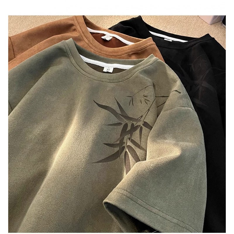 Avocado Green Bamboo Print 230G Heavyweight T-Shirt Men'S Summer American Retro Chinese Style Suede Three-Quarter Short Sleeves - Image 5