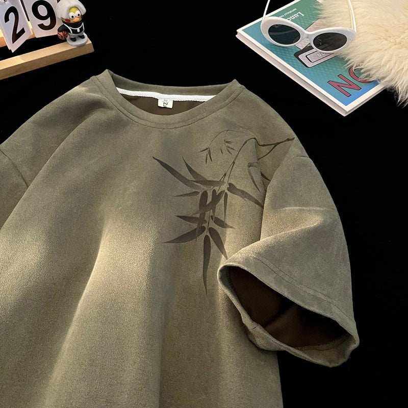 Avocado Green Bamboo Print 230G Heavyweight T-Shirt Men'S Summer American Retro Chinese Style Suede Three-Quarter Short Sleeves - Image 2
