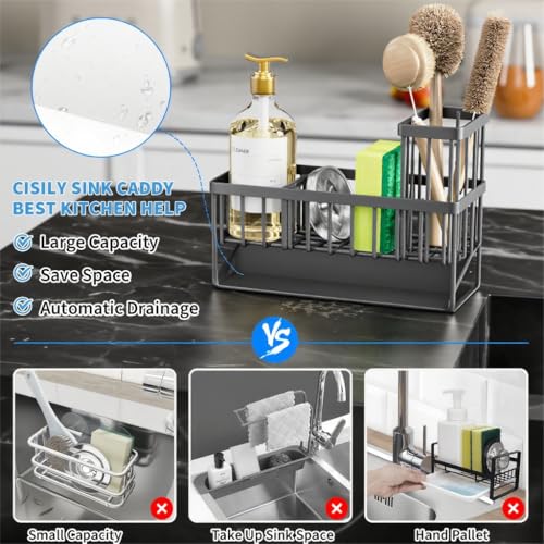 Cisily Sink Caddy Organzier with High Brush Holder, Sponge Holder for Sink, 304 Rustproof Stainless, Kitchen Countertop Soap Dispenser Organizer, Dark Gray Kitchen Decor and Accessories - Image 2
