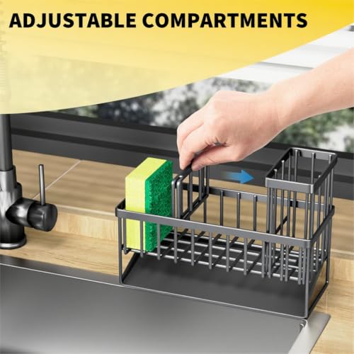 Cisily Sink Caddy Organzier with High Brush Holder, Sponge Holder for Sink, 304 Rustproof Stainless, Kitchen Countertop Soap Dispenser Organizer, Dark Gray Kitchen Decor and Accessories - Image 5