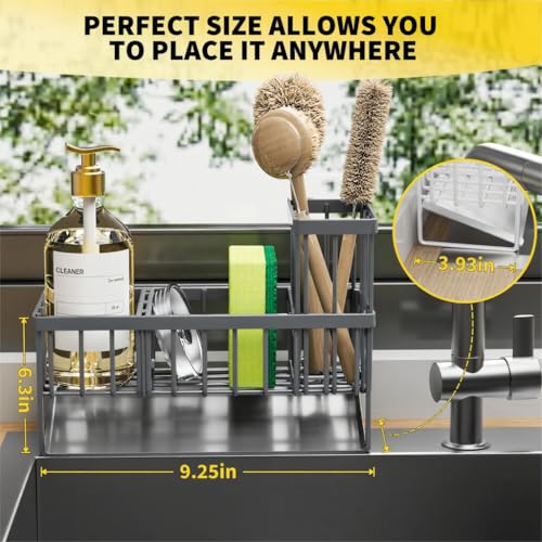 Cisily Sink Caddy Organzier with High Brush Holder, Sponge Holder for Sink, 304 Rustproof Stainless, Kitchen Countertop Soap Dispenser Organizer, Dark Gray Kitchen Decor and Accessories - Image 3