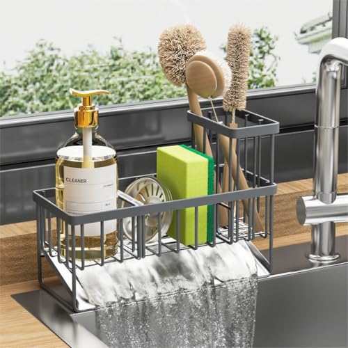 Cisily Sink Caddy Organzier with High Brush Holder, Sponge Holder for Sink, 304 Rustproof Stainless, Kitchen Countertop Soap Dispenser Organizer, Dark Gray Kitchen Decor and Accessories - Image 1