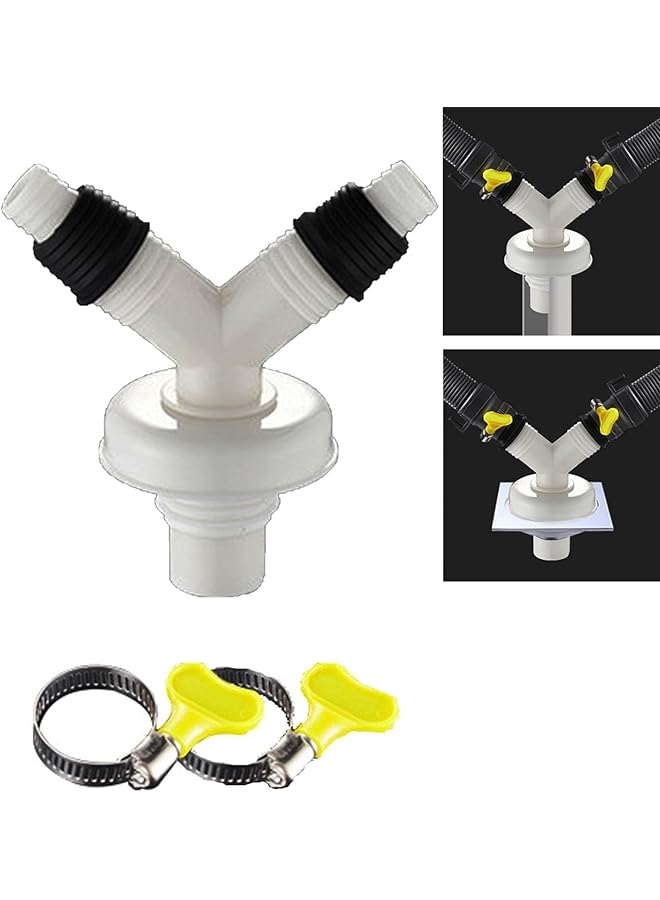 erorex Double Outlet Connector For Washing Machines 3 Way Joint Downpipe Floor Drain Three Way Joint Washing Machine Drain Pipe Double Water Outlet Dual Purpose Three Way Two In One Trident - Image 1