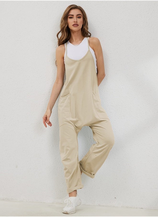 Lentta Women's Causal Jumpsuits V Neck Sleeveless Harem Overalls Stretchy Adjustable Strap Romper with Pockets(LightKhaki-S)  - Image 3