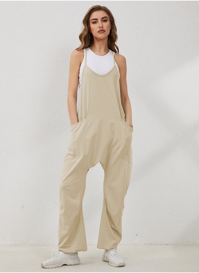 Lentta Women's Causal Jumpsuits V Neck Sleeveless Harem Overalls Stretchy Adjustable Strap Romper with Pockets(LightKhaki-S)  - Image 4