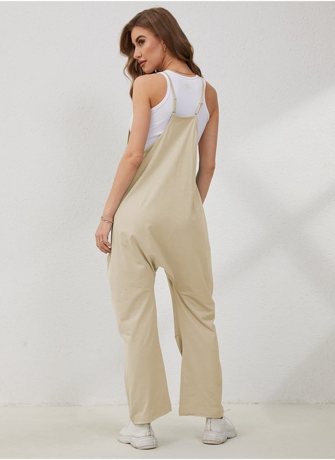 Lentta Women's Causal Jumpsuits V Neck Sleeveless Harem Overalls Stretchy Adjustable Strap Romper with Pockets(LightKhaki-S)  - Image 5