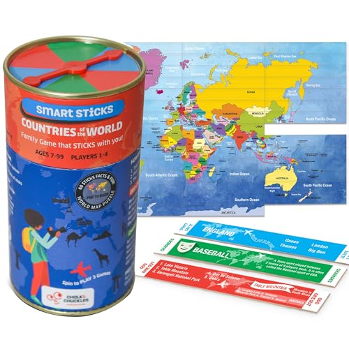 CHALK AND CHUCKLES Chalk & Chuckles Smart Sticks Countries of The World, Trivia & Geography Card Game for Kids Ages 7-12, Learning & Educational Toy with Map Puzzle, Gifts for Boys & Girls, 8, 9, 10, 11, Travel Game - Image 1