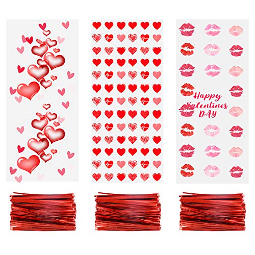 luakesa 150Pcs Valentine Cellophane Cookie Bags Goodie Candy Treat Bag with Twist Ties for Valentines Day Party Supplies 3 Styles - Image 2