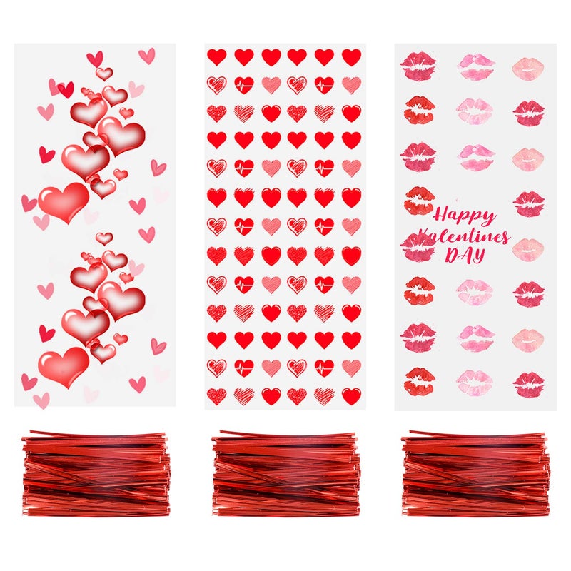 luakesa 150Pcs Valentine Cellophane Cookie Bags Goodie Candy Treat Bag with Twist Ties for Valentines Day Party Supplies 3 Styles - Image 3