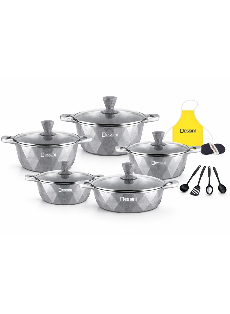 Dessini 17-Piece Granite Cookware Set with Glass Lids & Cooking Tools – Non-Stick Pots and Pans