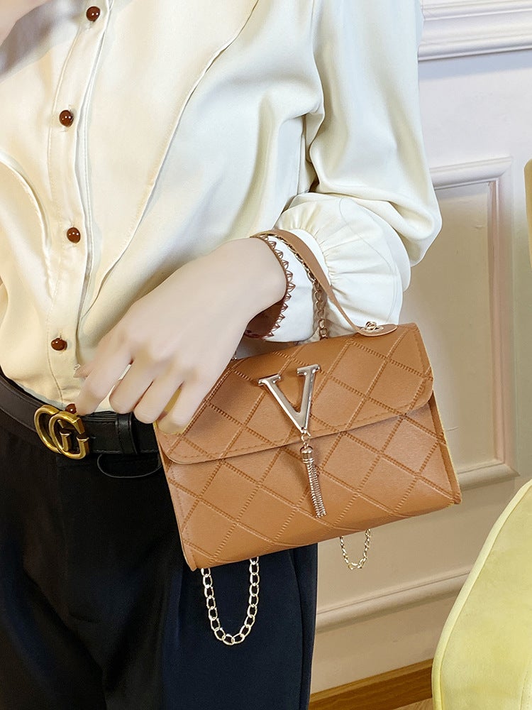 Bag Women Ladies Bags2023 Trendy Fashion Casual Checkered Embossed V Tassel Shoulder Bag - Image 3