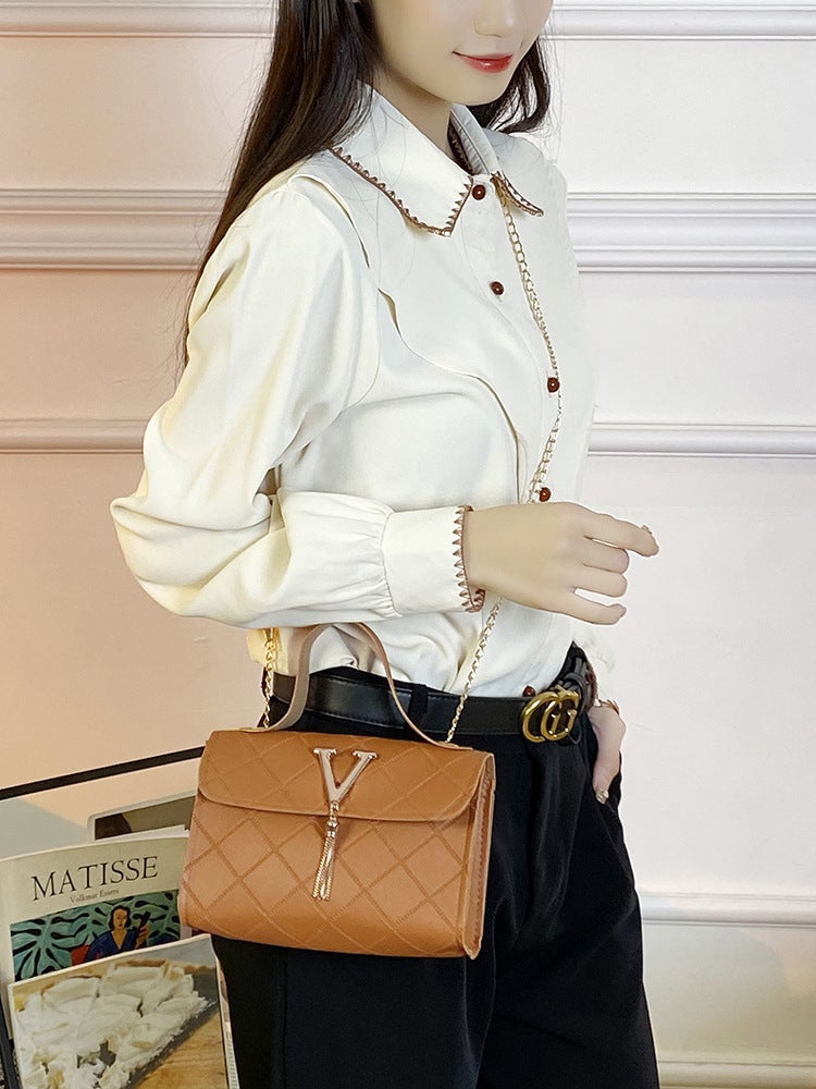 Bag Women Ladies Bags2023 Trendy Fashion Casual Checkered Embossed V Tassel Shoulder Bag - Image 5