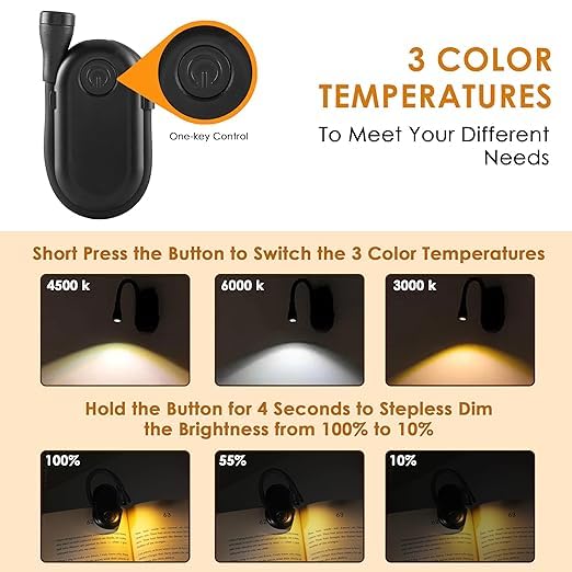 One94Store Plastic Mini Clip Reading LED Study Lamp with Special Folding Feature for Students, Clip-On Reading Light, USB Rechargeable, 3 Modes, Eye-Caring Night Light (Black) - Image 2