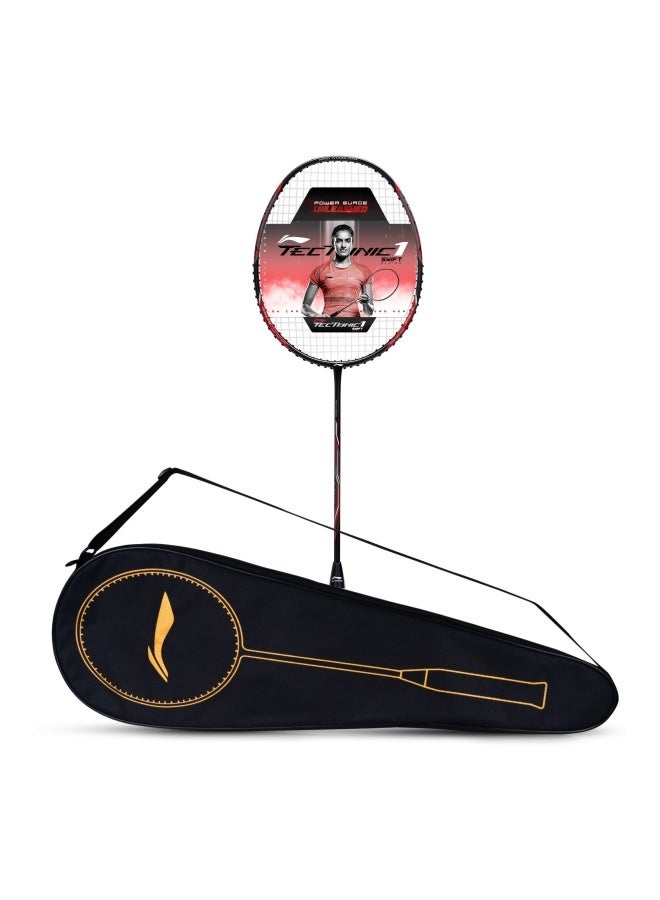 Tectonic 1S (82G) Strung Badminton Racket Carbon Fibre Badminton Racket with Free Full Cover (Black/Red)