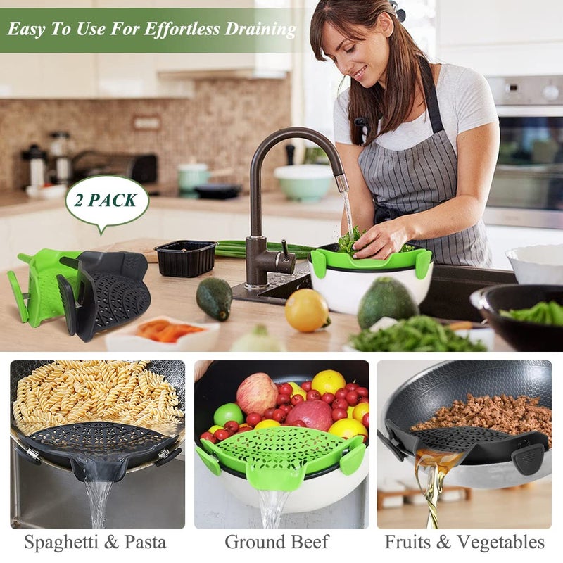 Yevior Clip On Strainer For Pots Pan Pasta Strainer  Silicone Food Strainer Hands-Free Pan Strainer  Clip-On Kitchen Food Strainer For Spaghetti  Pasta  Ground Beef Fits All Bowls And Pots (2 Pack) - Image 5