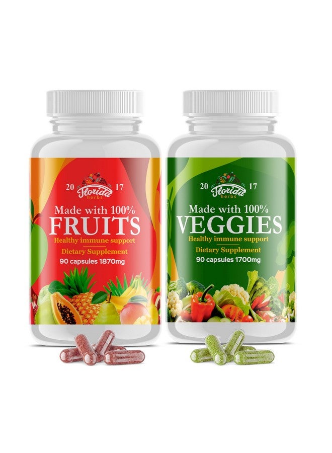 FLORIDA HERBS مكمل الفواكه والخضروات - 90 كبسولة فواكه و90 كبسولة خضار - فيتامينات طبيعية، توازن الفواكه والخضار يدعم توازن الطاقة، خالي من الصويا، كبسولات نباتية - 90 حبة (عبوة من 2)  - Image 1
