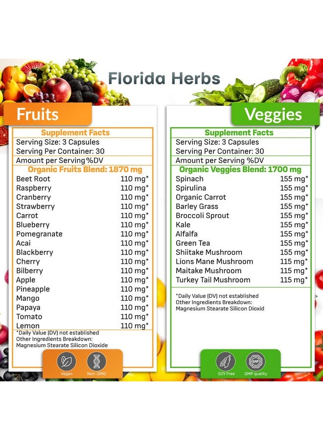 FLORIDA HERBS مكمل الفواكه والخضروات - 90 كبسولة فواكه و90 كبسولة خضار - فيتامينات طبيعية، توازن الفواكه والخضار يدعم توازن الطاقة، خالي من الصويا، كبسولات نباتية - 90 حبة (عبوة من 2)  - Image 2