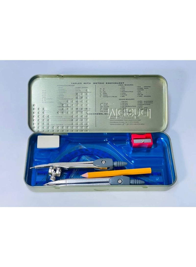Geometric set in a metal box: compass, metal compass, pencil, ruler, eraser, and sharpener. Box contains 9 pieces. - Image 1