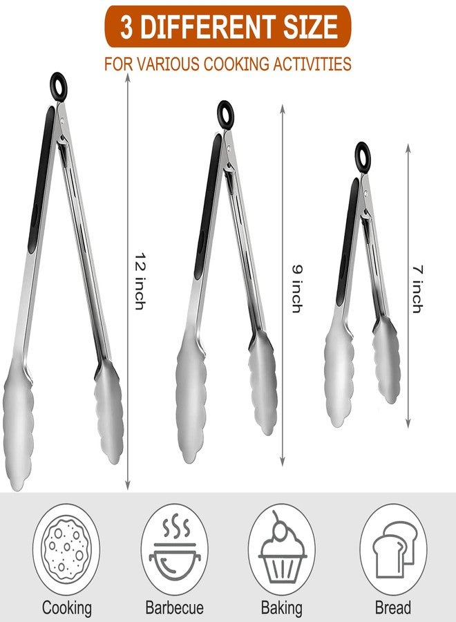 Beieverluck 9 Pieces Stainless Steel Kitchen Tongs Grilling Locking Cooking Tongs Non-Slip Metal Food Tongs for Cooking, Salad and BBQ, 7, 9 and 12 Inch - Image 2