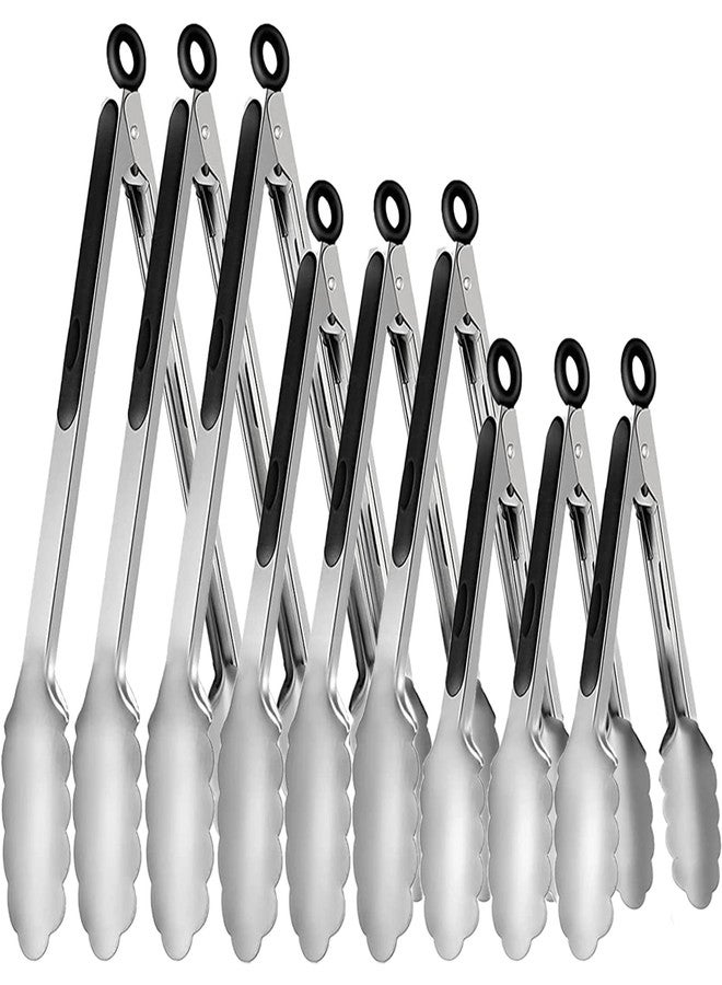 Beieverluck 9 Pieces Stainless Steel Kitchen Tongs Grilling Locking Cooking Tongs Non-Slip Metal Food Tongs for Cooking, Salad and BBQ, 7, 9 and 12 Inch - Image 1