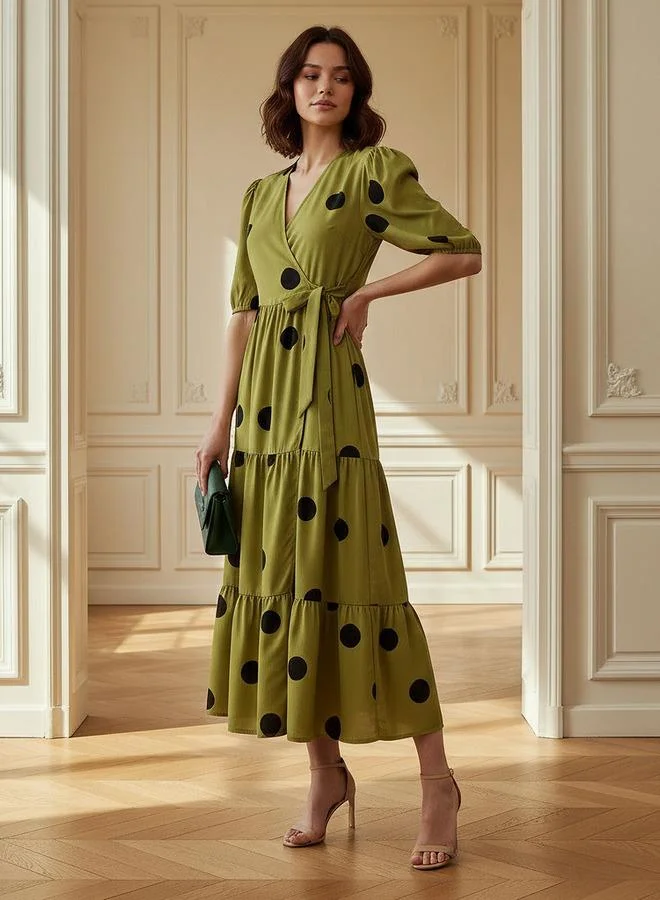 Splash FAV Polka Dot Print Midi Tiered Dress with Short Sleeves and Tie-Up Detail