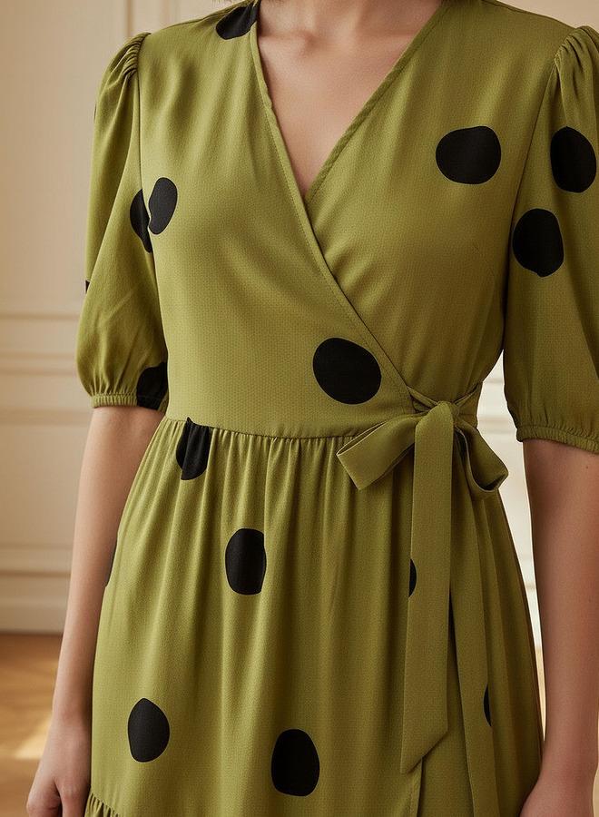 Splash FAV Polka Dot Print Midi Tiered Dress with Short Sleeves and Tie-Up Detail - Image 4