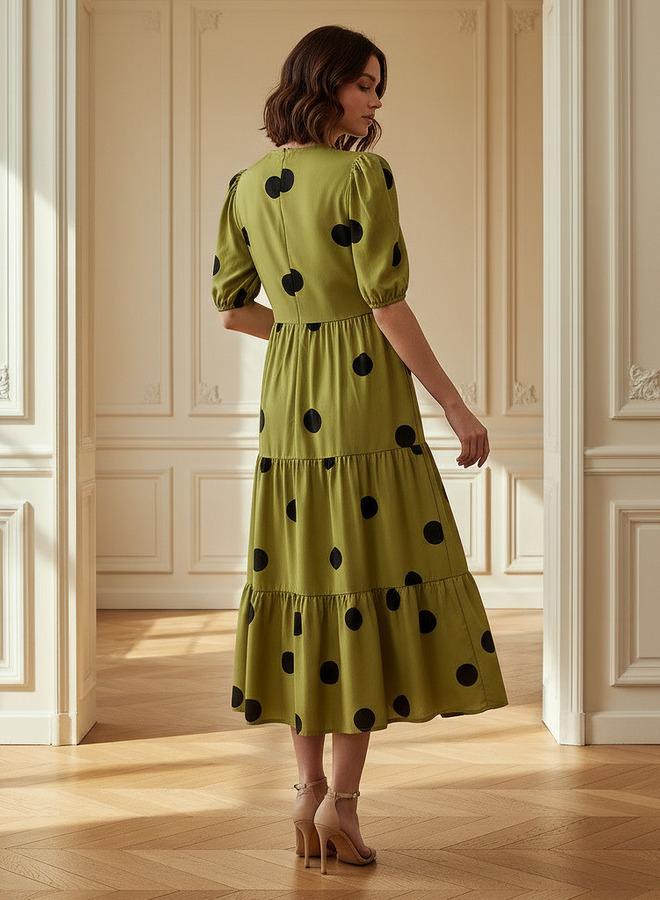 Splash FAV Polka Dot Print Midi Tiered Dress with Short Sleeves and Tie-Up Detail - Image 3